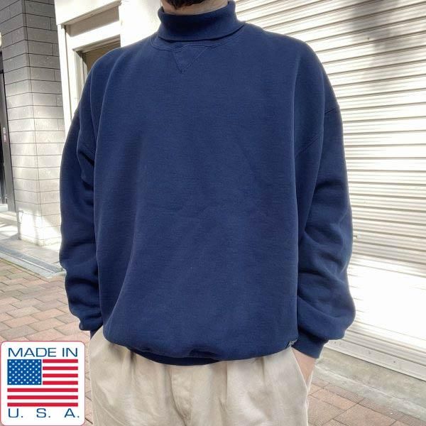 90s USA製 ラッセル タートルネック 前V スウェット 紺系 XXL
