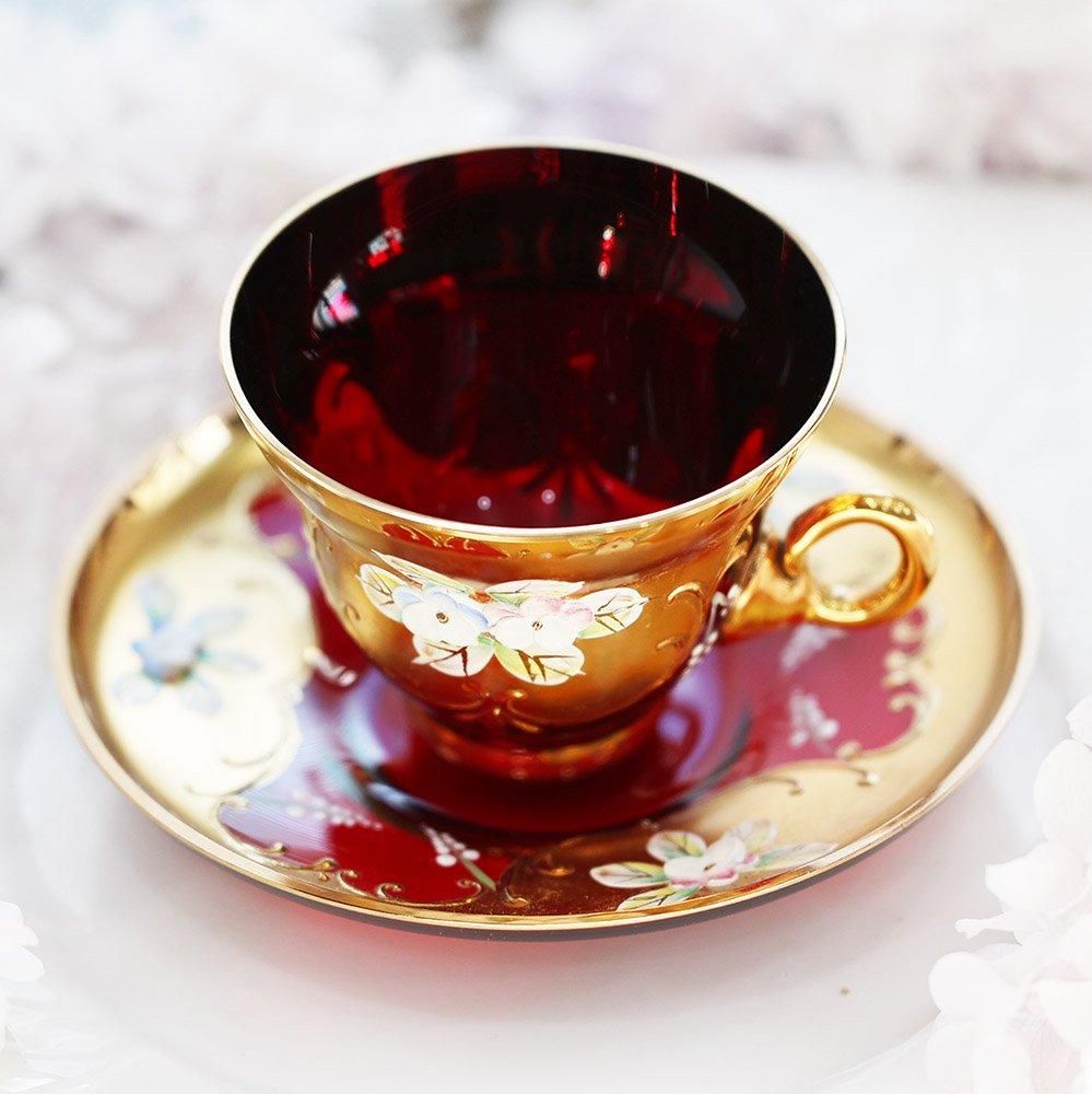 イタリア製金彩赤硝子デミタスカップ＆ソーサー（備考有） - 海福雑貨