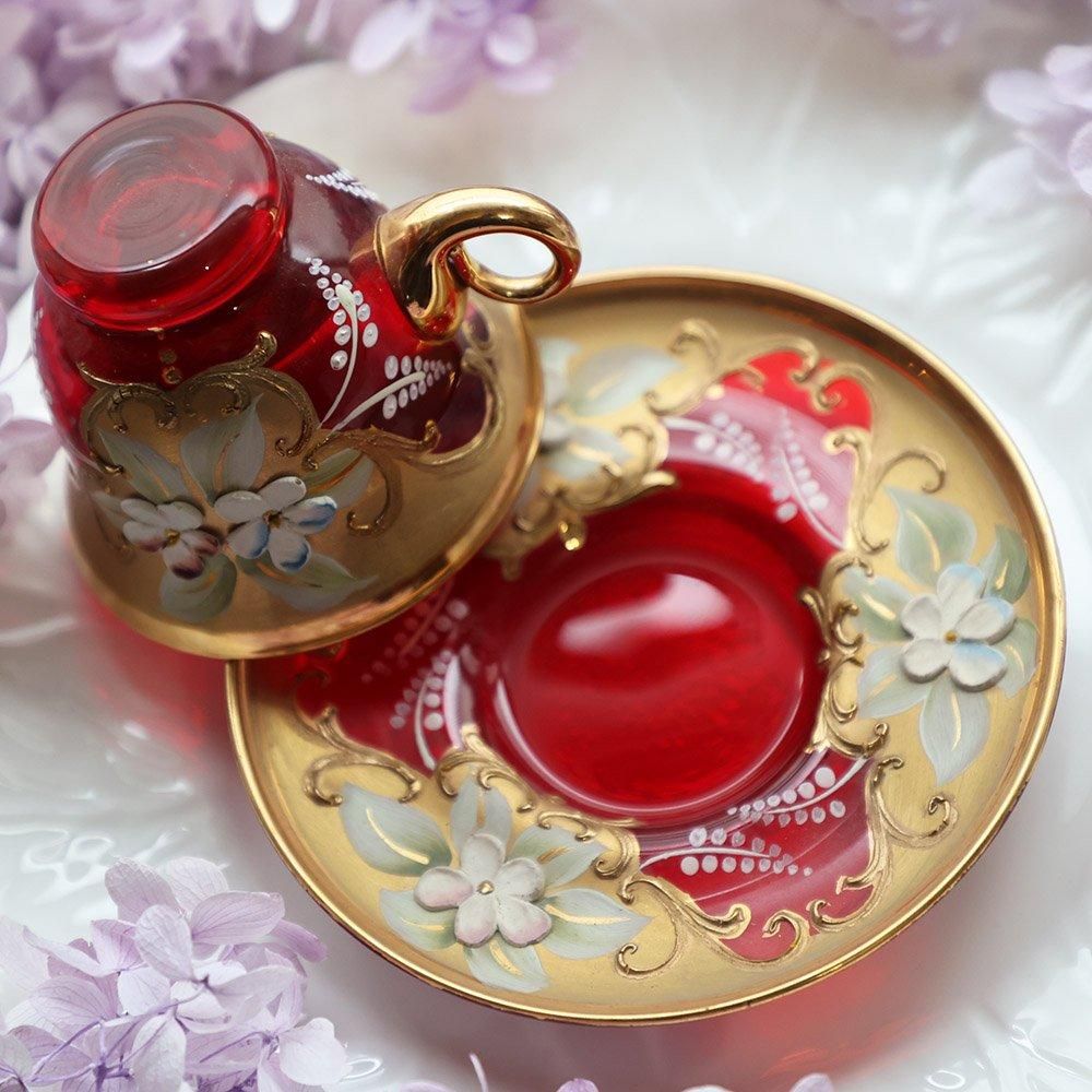 イタリア製金彩赤硝子デミタスカップ＆ソーサー（備考有） - 海福雑貨