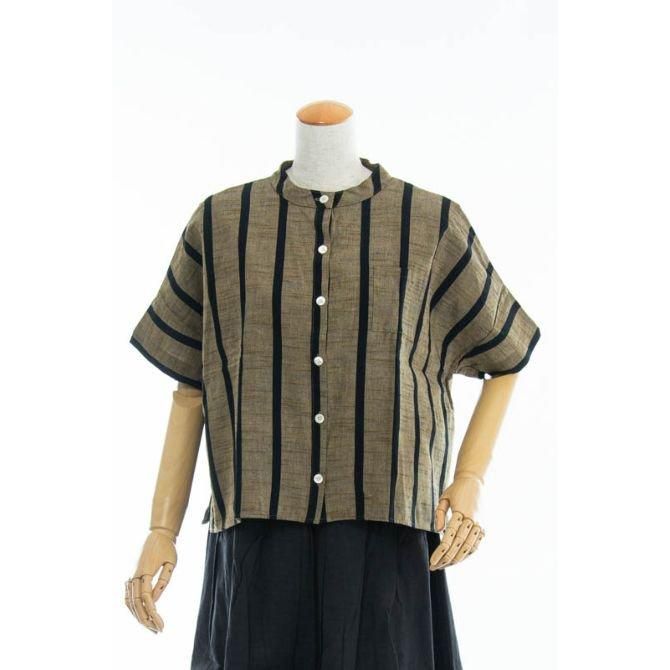 ヤンマ産業 会津木綿 スタンドカラーシャツ 半袖 ともえ縞 ASC-SH-SD