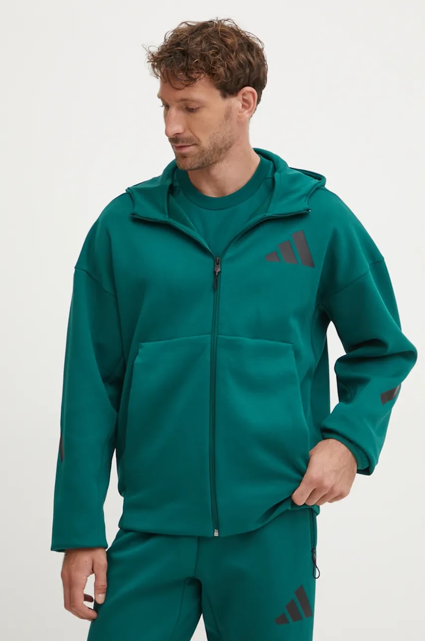 adidas bluză Z.N.E. bărbați, culoarea verde, cu glugă, cu imprimeu