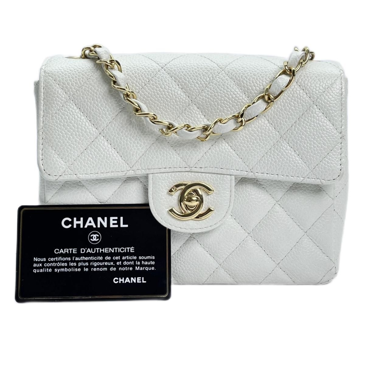 CHANEL シャネル 白 キャビアスキン ミニマトラッセ シングルフラップ