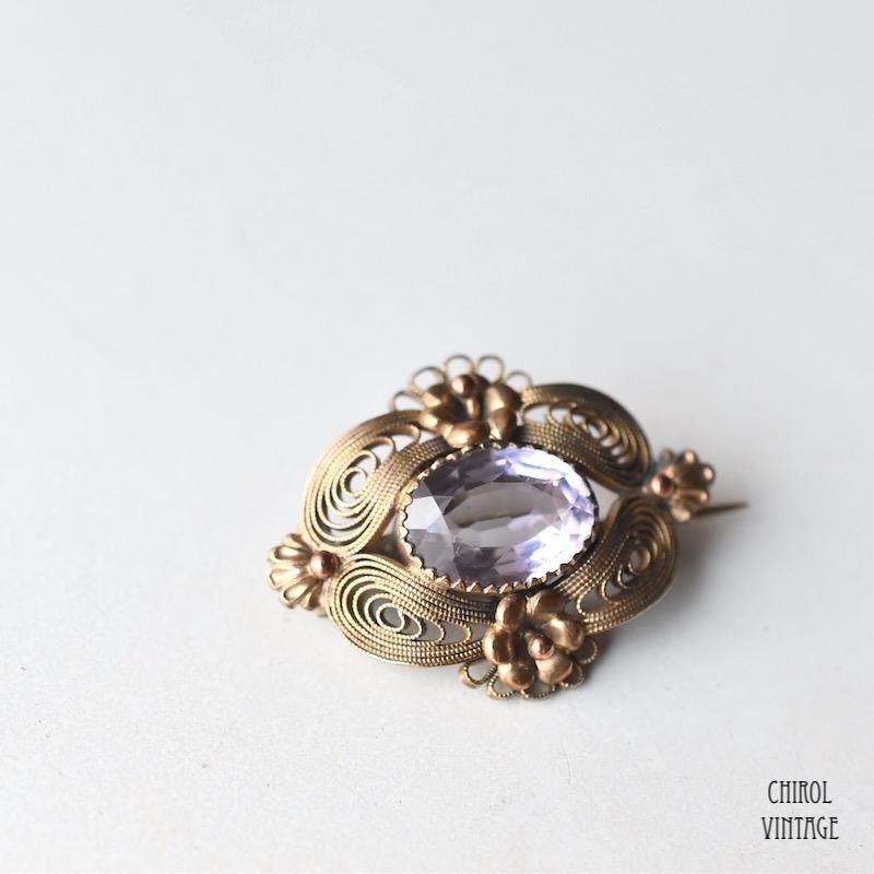 アンティーク ギルトメタル フィリグリー アメジストブローチ - CHIROL