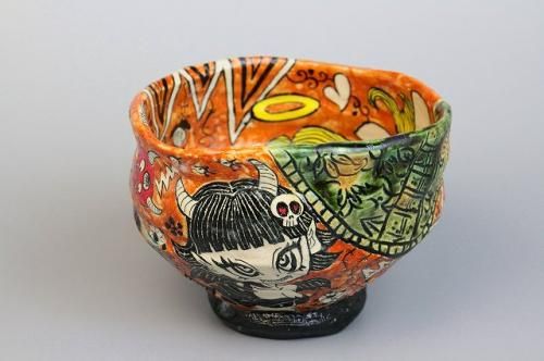 深見文紀 「 藍鉄漫画織部茶盌 」 茶道具 茶碗 - レトロ ＆アート空間