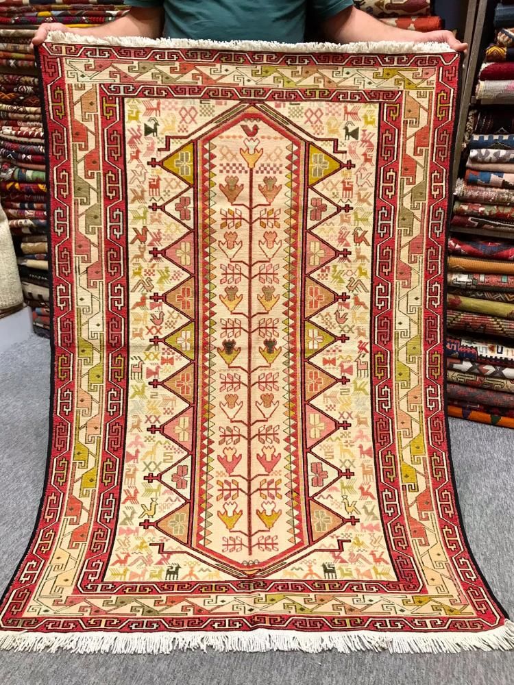 新しいキリム/イラン・スマック織り/表シルク約145×102cm - 手織り絨毯