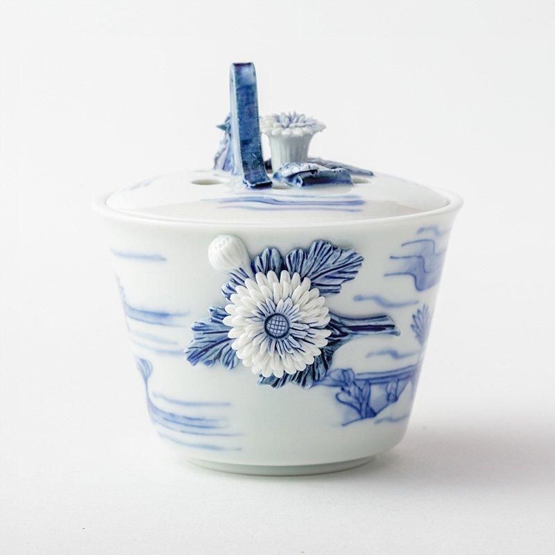 平戸洸祥団右ヱ門窯 菊花飾菊流水文香炉 菊二輪 - いい日になりますように