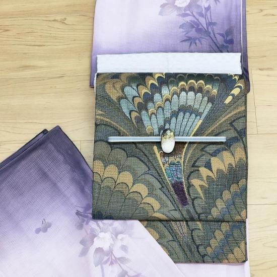 袋帯 誉田屋源兵衛 元文3年創業 螺鈿 青銅箔 孔雀羽文様 フォーマル帯