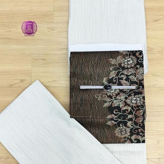 単衣 山形県 米沢 新品 紅花染め 真綿縞紬 阿古耶紬 小紋 御仕立上り