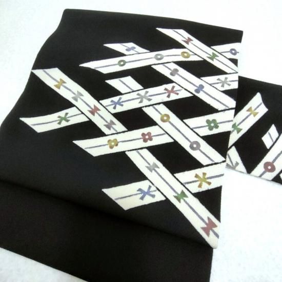 名古屋帯 型絵染め 縮緬地 網代紋 カジュアル 九寸名古屋帯 御仕立上り