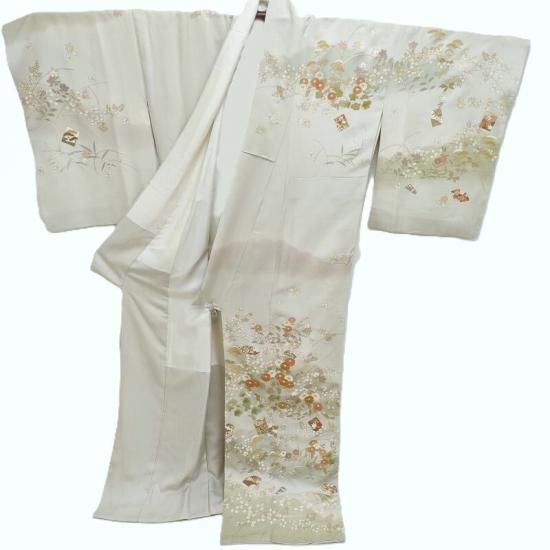 訪問着 本加工 友禅草花ノ図 灰白色 金駒刺繍 式事 フォーマル 茶道