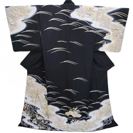 訪問着 友禅茶屋辻模様 黒色 金駒刺繍 カジュアル お茶会着物 御仕立