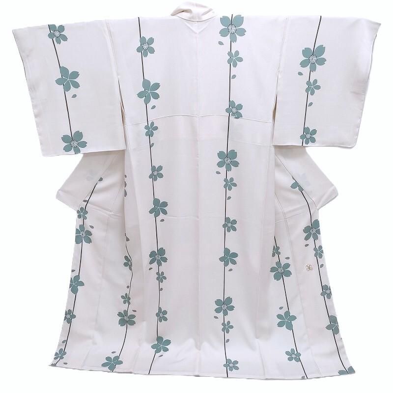 小紋 新品 桜花と一本縞 カジュアル小紋 着物 御仕立上り(3475