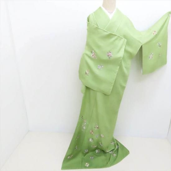 刺繍 付け下げ 花尽し 若葉色地 御仕立上 ガード加工(3281 LYM