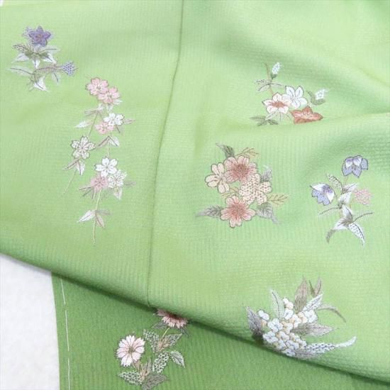 刺繍 付け下げ 花尽し 若葉色地 御仕立上 ガード加工(3281 LYM