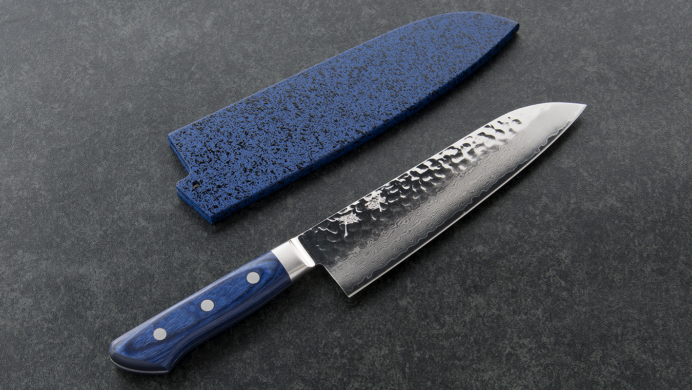 ステンレスV金10号ダマスカス槌目三徳包丁 180mm 鞘付 さざ波 紺碧