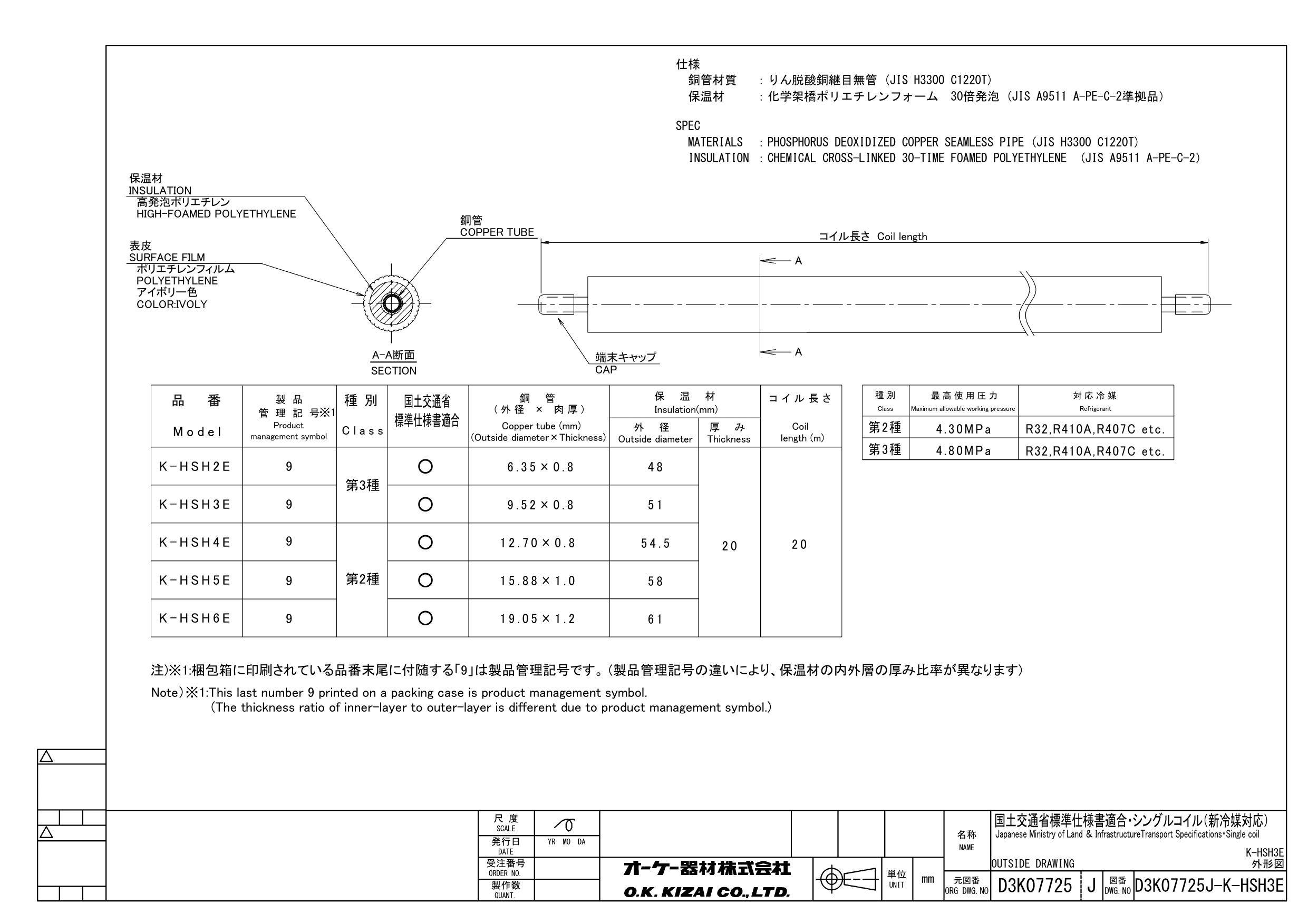 オーケー器材 K-HSH3E 9.52X0.8 K-HSH3E 20M 20t被覆銅管 高断熱