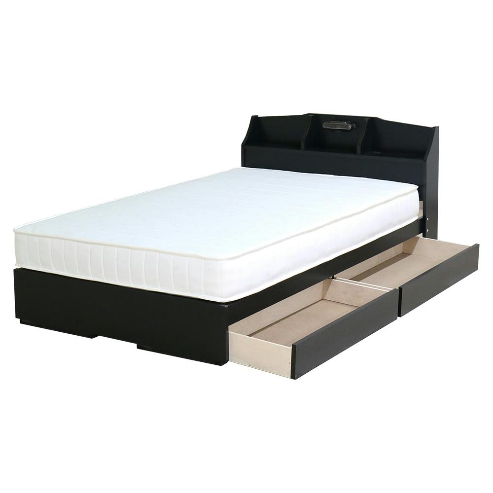 友澤木工 棚 照明 コンセント 引出し付ベッド ブラック シングル 圧縮