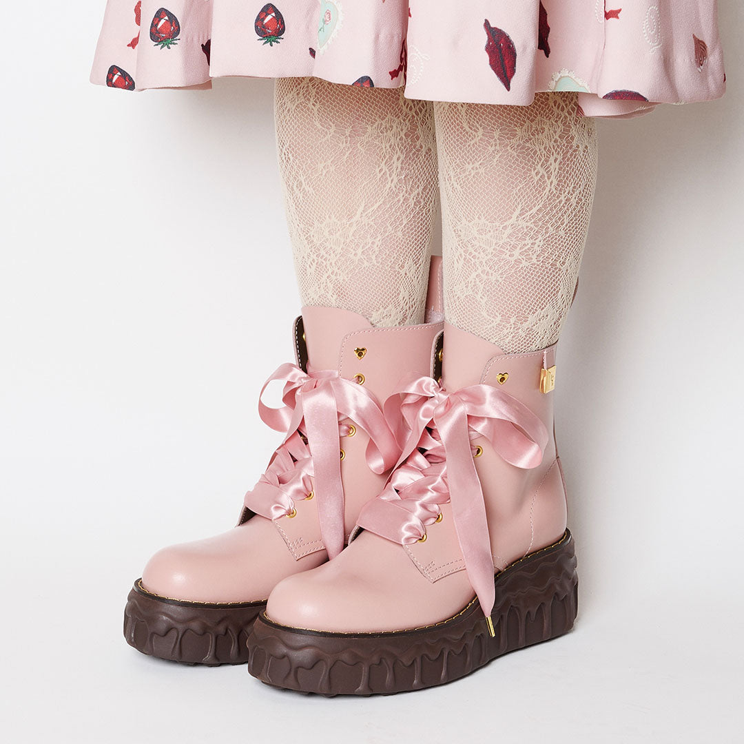 Melting Chocolate Satin Ribbon Lace Up Leather Boots (Pale Pink