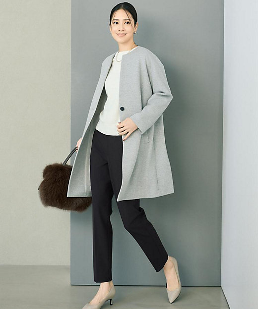 ゆったり／軽やか】カシミヤ混ノーカラーコート（2002186377