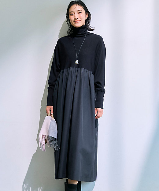 洗える】ギャザーコンビ ニットワンピース（OPWWGW0658