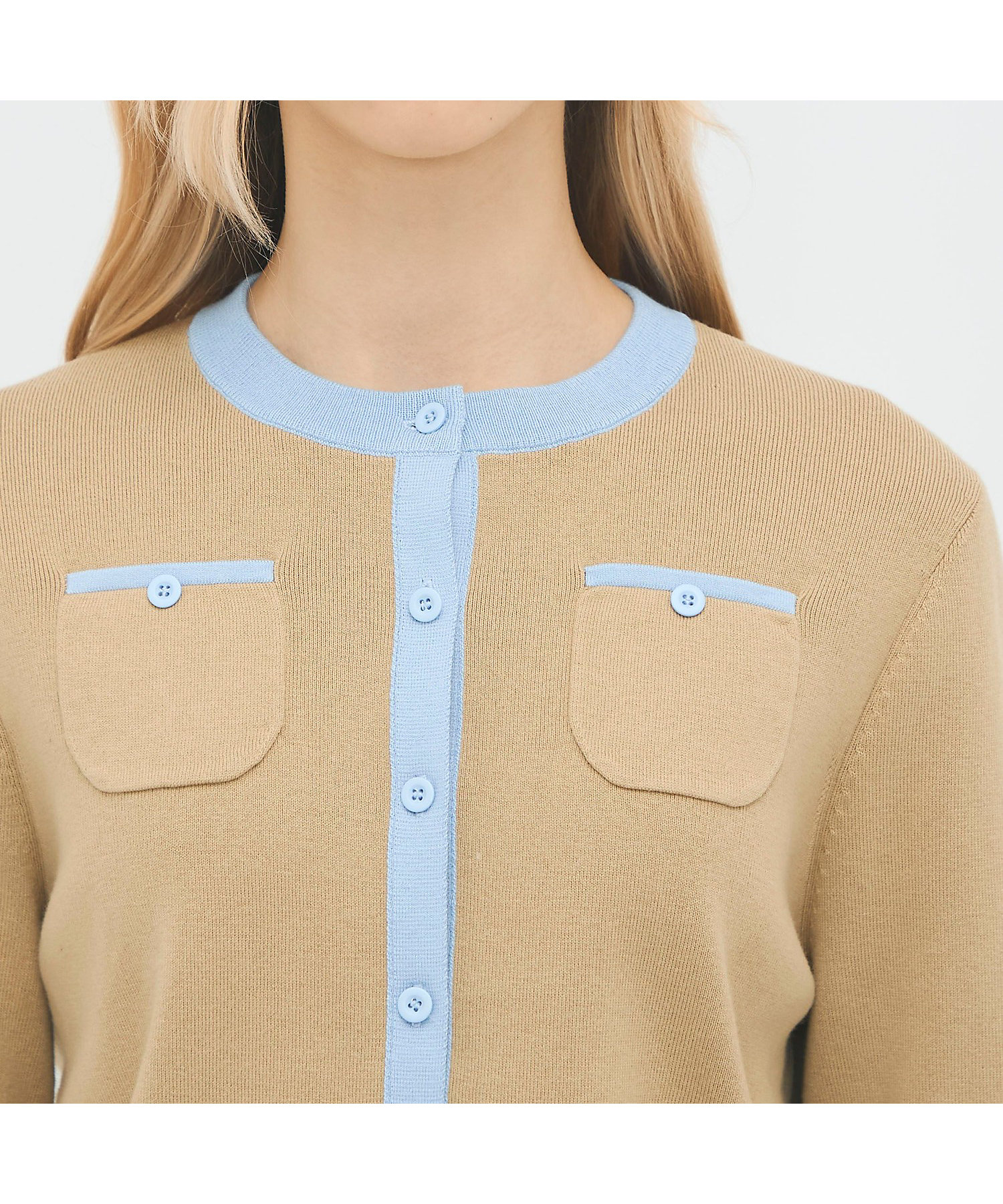 コットンカシミヤ バイカラークルーネックカーディガン | CABaN