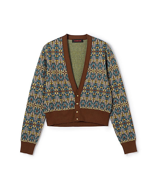 コットンカシミヤストレッチ ジャカードプリントVネックカーディガン