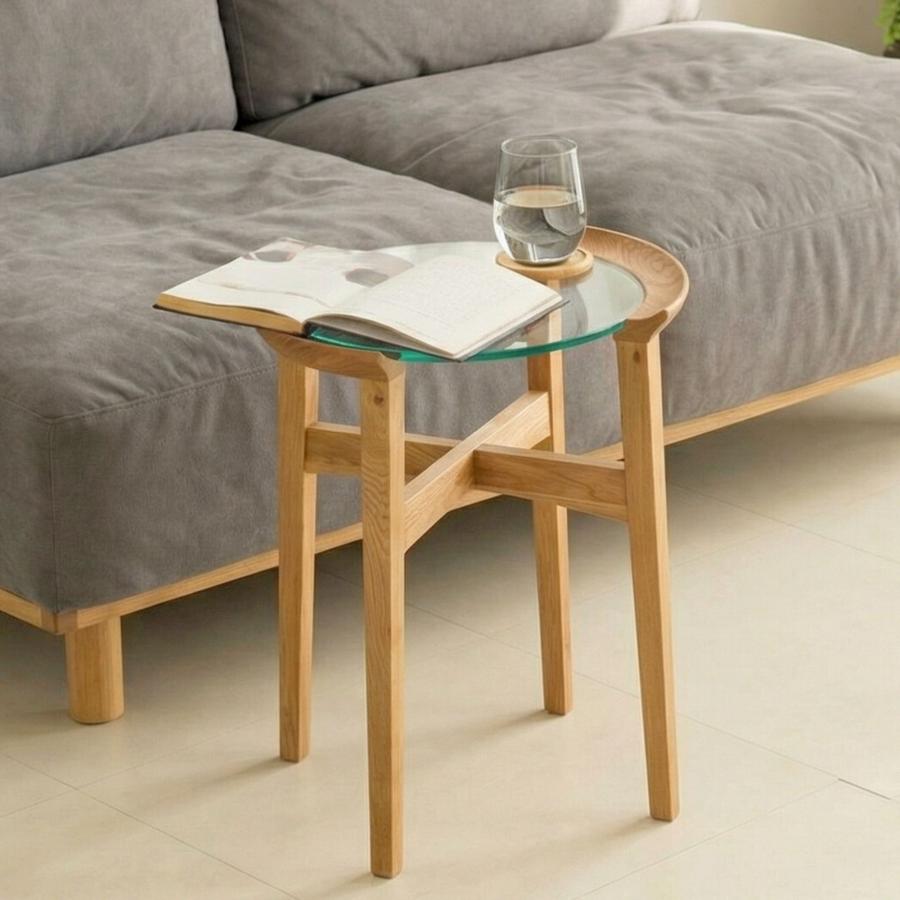 ガラス サイドテーブル 幅41 オーク 無垢材 スリム 木製 丸 丸型 円形