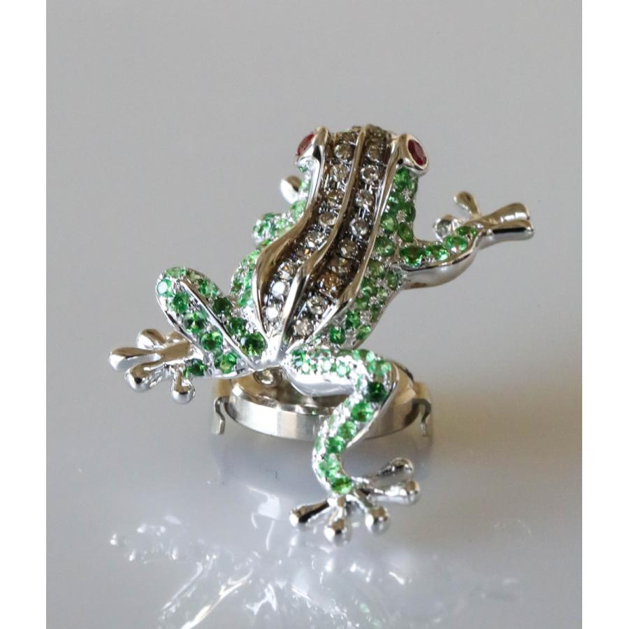 K18WG カエルモチーフ グリーンガーネット ルビー ダイヤモンド ピン