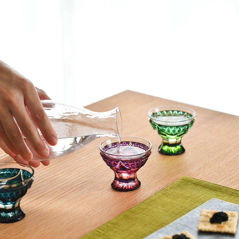 薩摩切子 二色 脚付盃 cut201 ルリ金赤 二色衣 二色被せ 島津薩摩切子