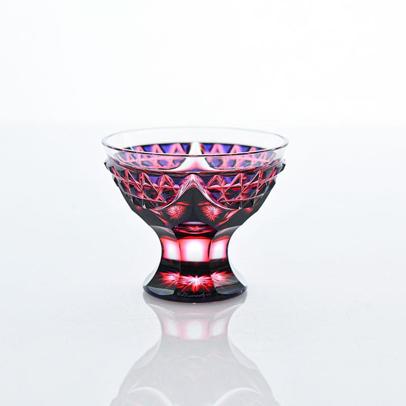 薩摩切子 二色 脚付盃 cut201 ルリ金赤 二色衣 二色被せ 島津薩摩切子