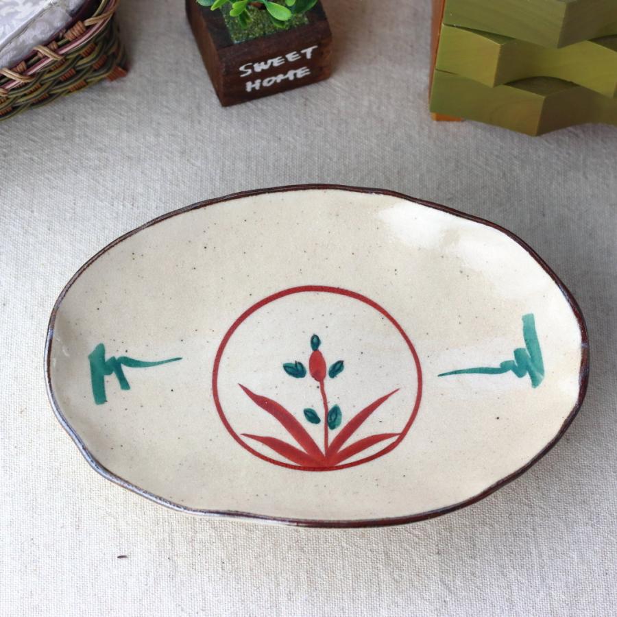 赤絵三善 煮魚が似合う手描き三ツ足楕円皿 22cm 美濃取寄 日本製 美濃