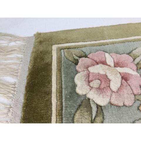 高級中国シルク緞通 織物 手織り 上品 グリーン 約70×135cm 送料無料