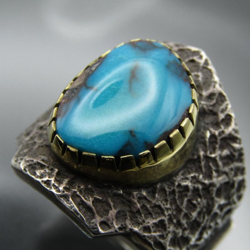 美品 Aaron Anderson ナバホ族 リング ビズビー ターコイズ K18ベゼル