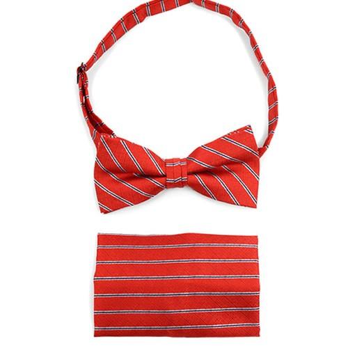 蝶ネクタイ ポケットチーフ セット レッド＆ゴールド ストライプ