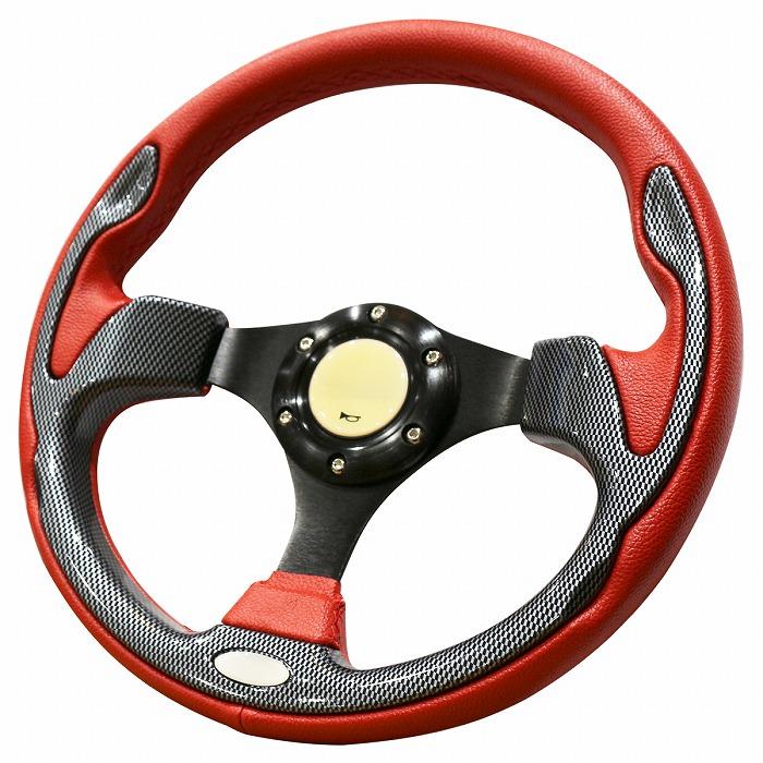 カーボン調パネル レザー＆ステッチ ステアリング 320φ 赤 レッド