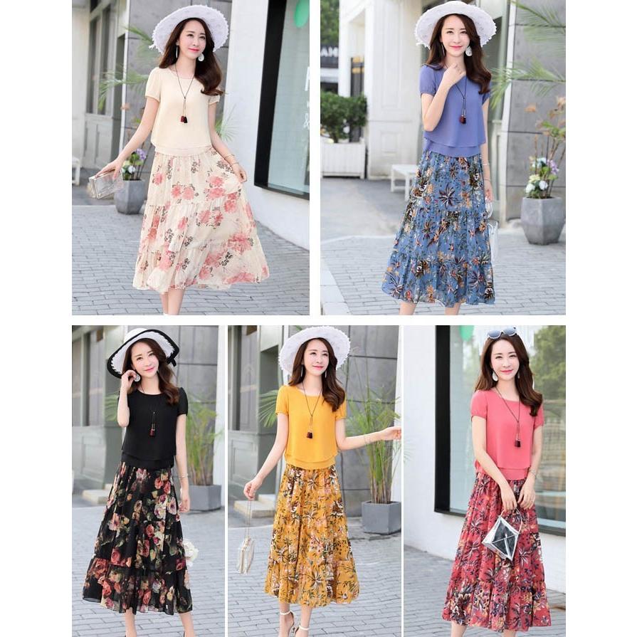 セットアップ 2点セット シフォンブラウス 花柄スカート Aライン