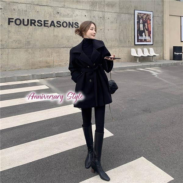 七分袖 ピーコート 黒 S XS M ダブルボタン レディース 2558916 腰