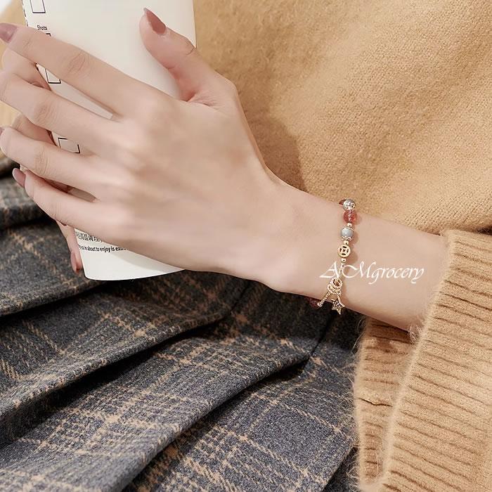 ブレスレット 天然石 ムーンストーン×ストロベリークォーツ 苺水晶 星