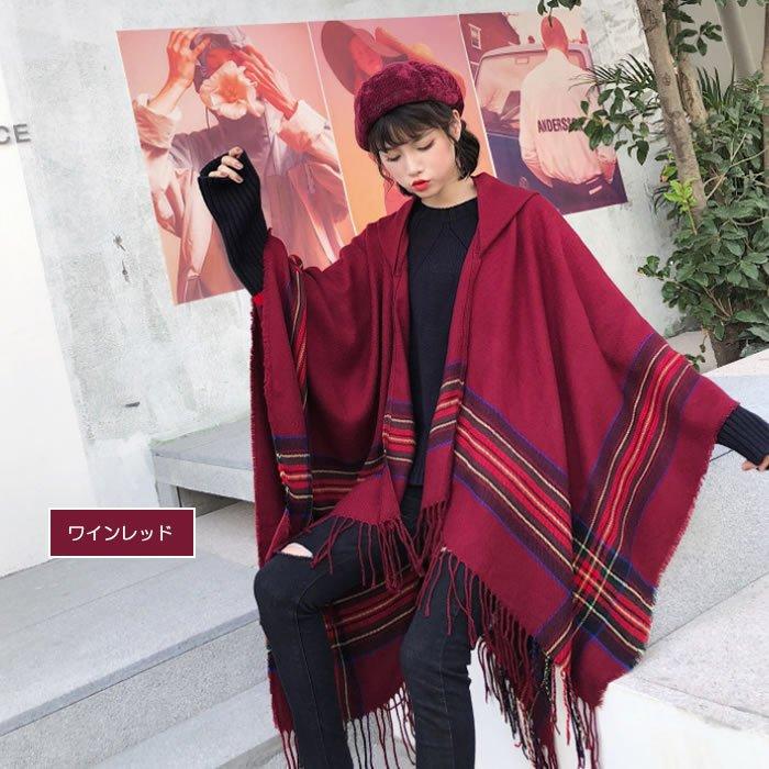 爆買 ポンチョ レディース フード付 ストール 大判 チェック タータン
