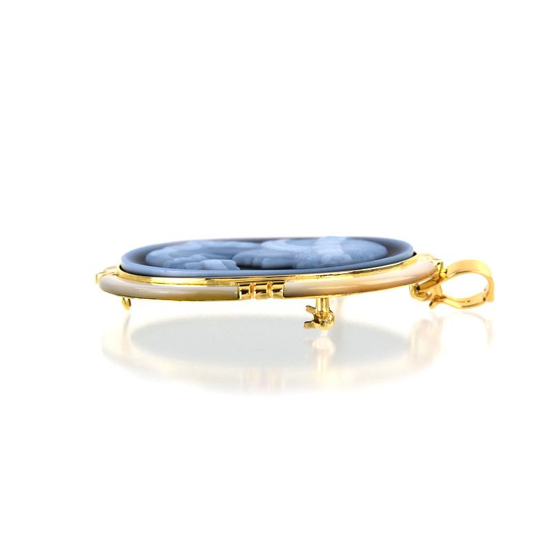 カメオ 2WAY ブローチ ペンダントトップ ブルー系 シェルフレーム