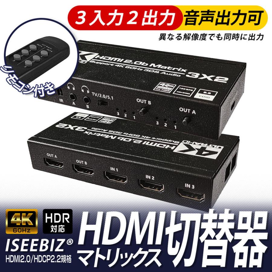 27-1日限定10倍P付] HDMIマトリックス切替器 3入力2出力 HDMI2.0