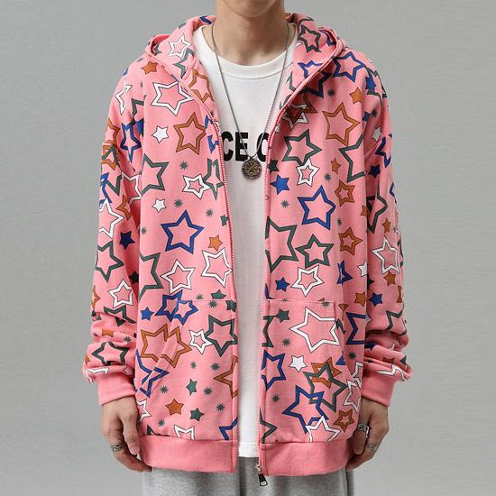 パーカー メンズ スター 星柄 総柄 フルジップパーカー V系 インポート