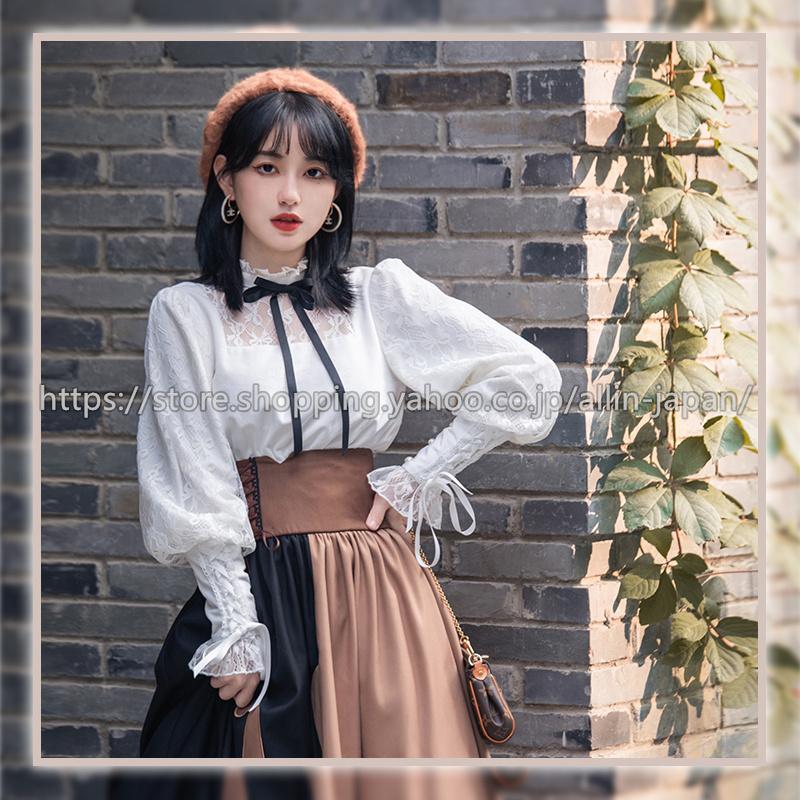 ブラウス シャツ 長袖 レディース ロリータ トップス 立ち襟 レース