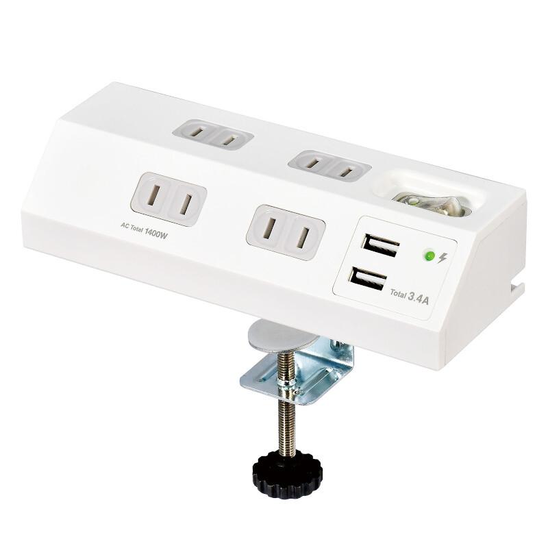 ELPA デスク電源タップ クランプ式 ACコンセント4個口 USB2ポート