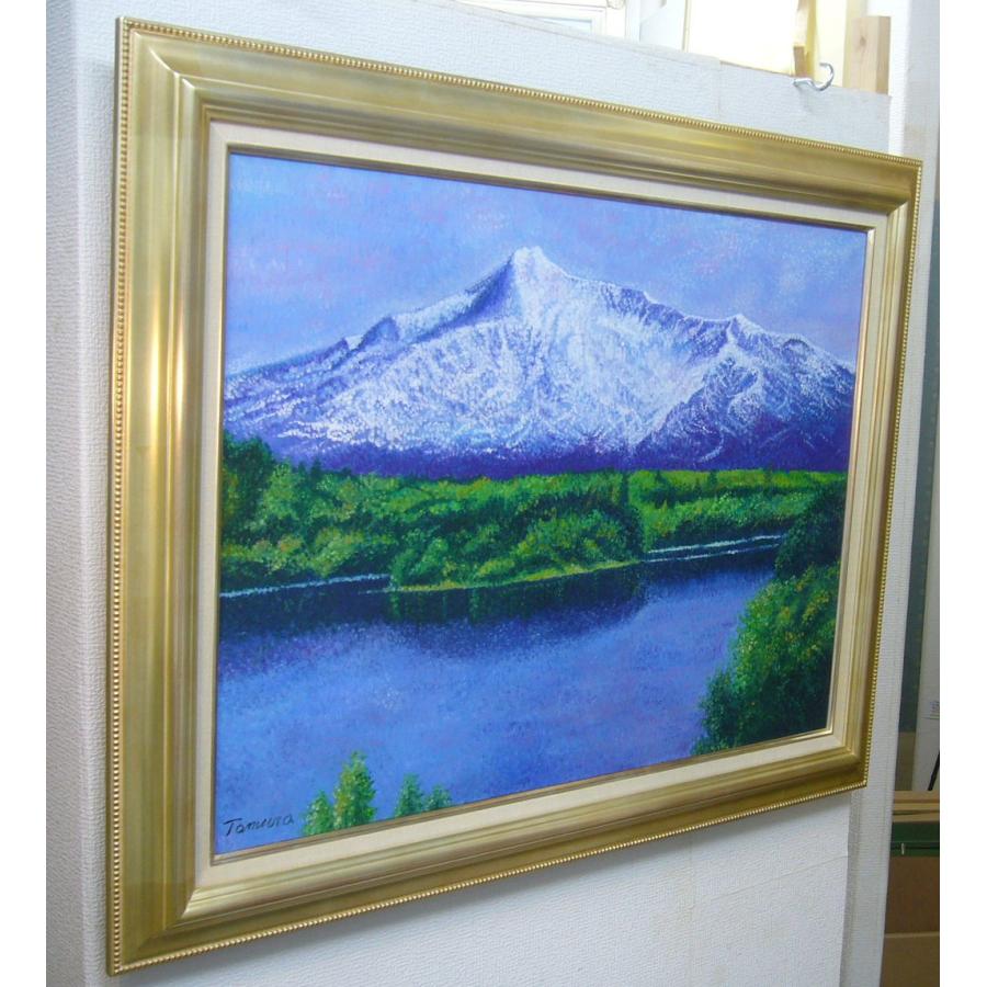 真作】絵画 諸橋楽陽 油彩4号 知床五湖にて 湖畔から望む残雪の山 Y176