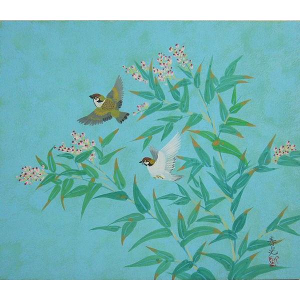 絵画 日本画 竹内敏彦(春光) 動物画 雨後 雀 F10 送料無料 : アート