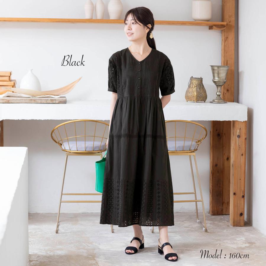 ロングワンピース 夏ワンピース 刺繍ワンピース 刺繍 レース 半袖 V