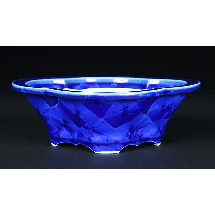 盆栽鉢 植木鉢 「平安泉山瑠璃釉花結晶木瓜式鉢 大」 山草鉢 色鉢