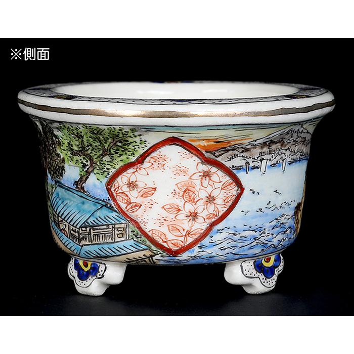 盆栽鉢 柳戸川浩山金彩風景図楕円鉢 絵付鉢 手造り 手描き 3号 9cm