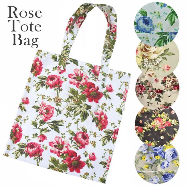 トートバッグ 内ポケット付き ローズ 薔薇 花柄 ピンク ブルー